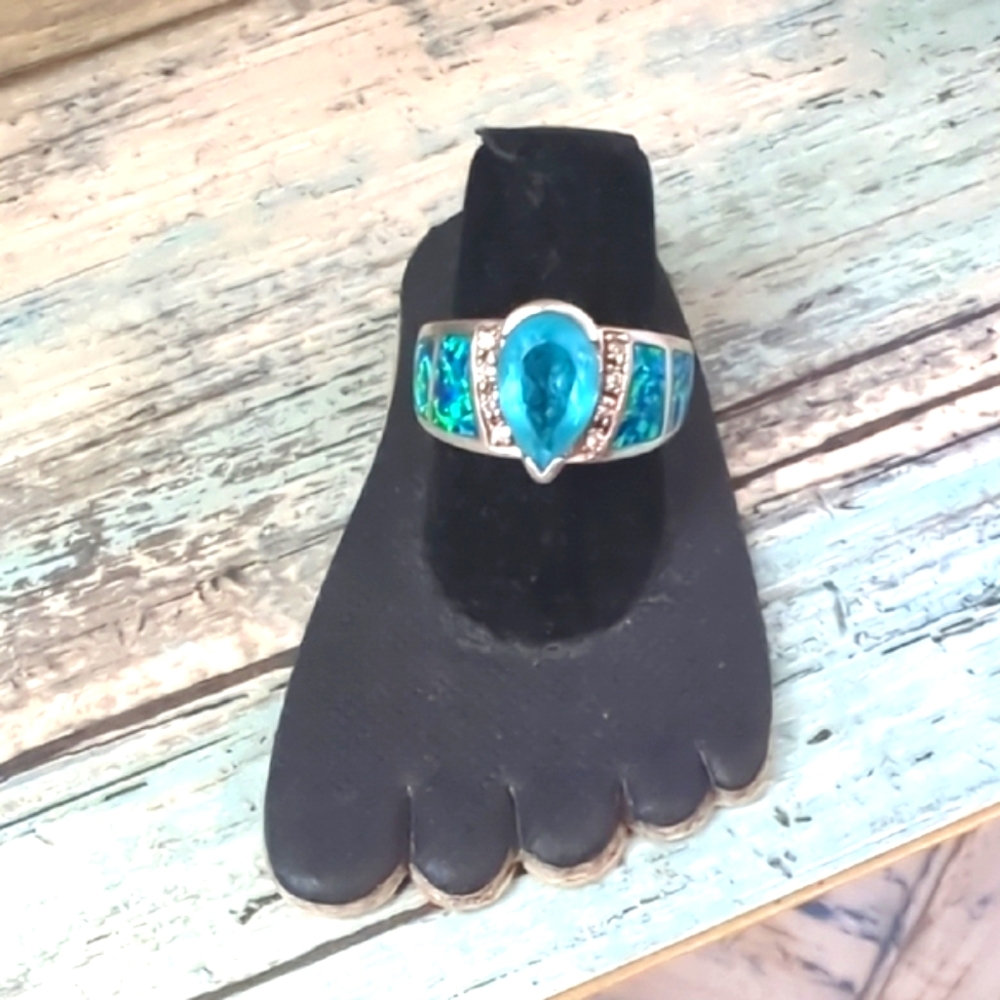 Vintage Sterling Silver Pear-Cut Blue Topaz & Opal Inlay Ring Size 7 "GORGEOUS"